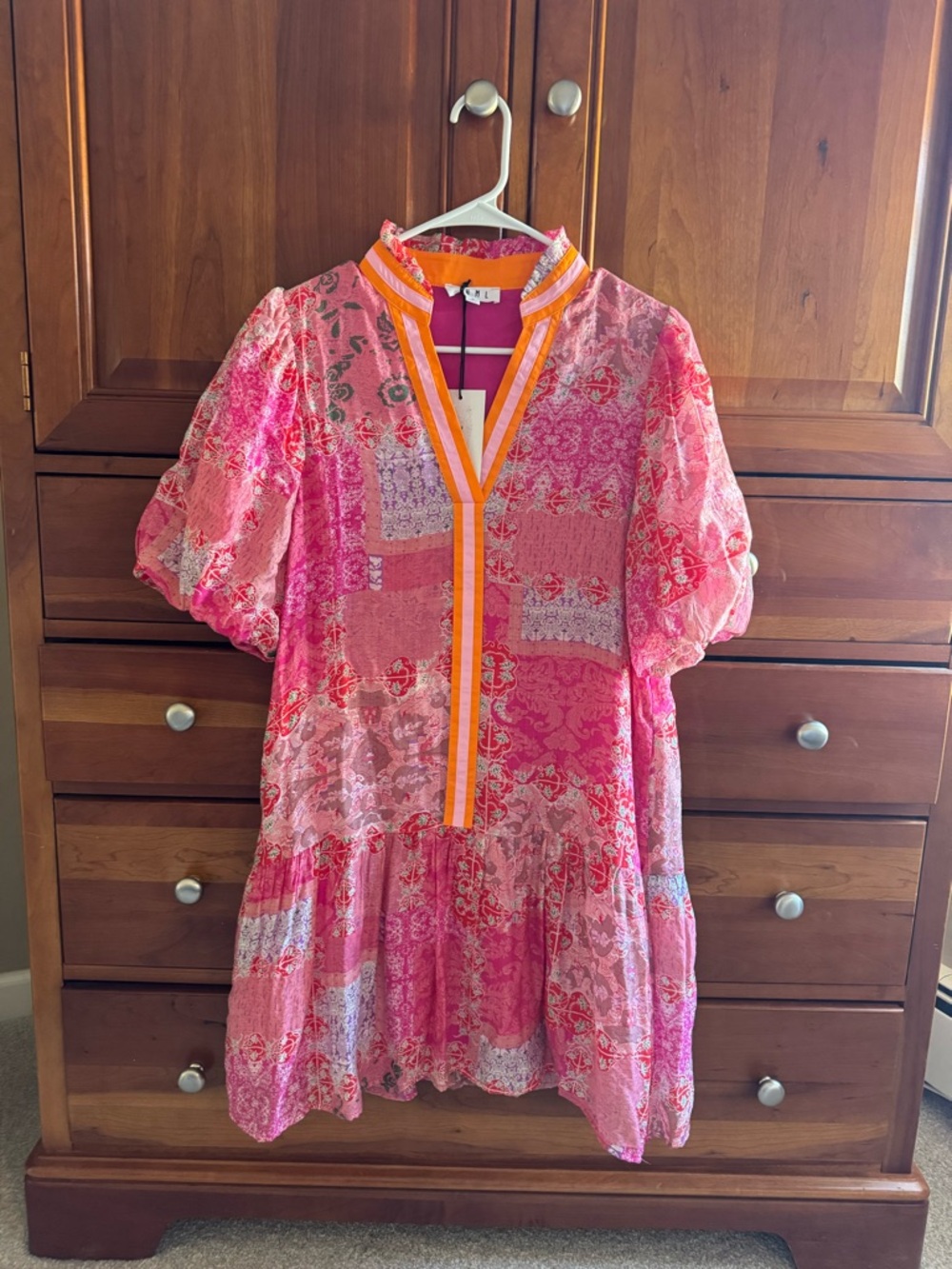 THML Pink and Orange Patchwork V-Neck Tunic Dress with Floral Panels Size Small